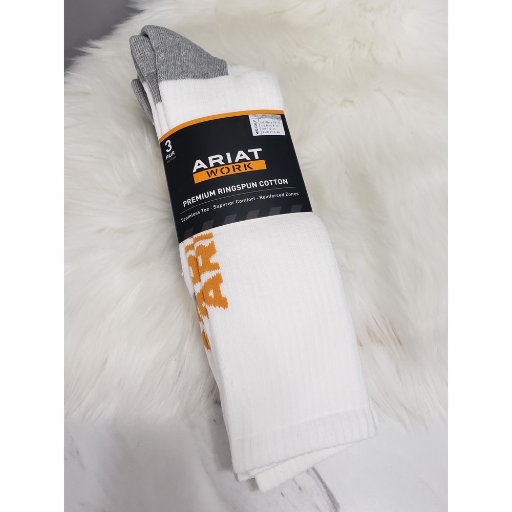 NEW ARIAT WHITE Premium Ringspun Cotton Mid Calf Work Sock, 3 Pair Pack MEN 9/12